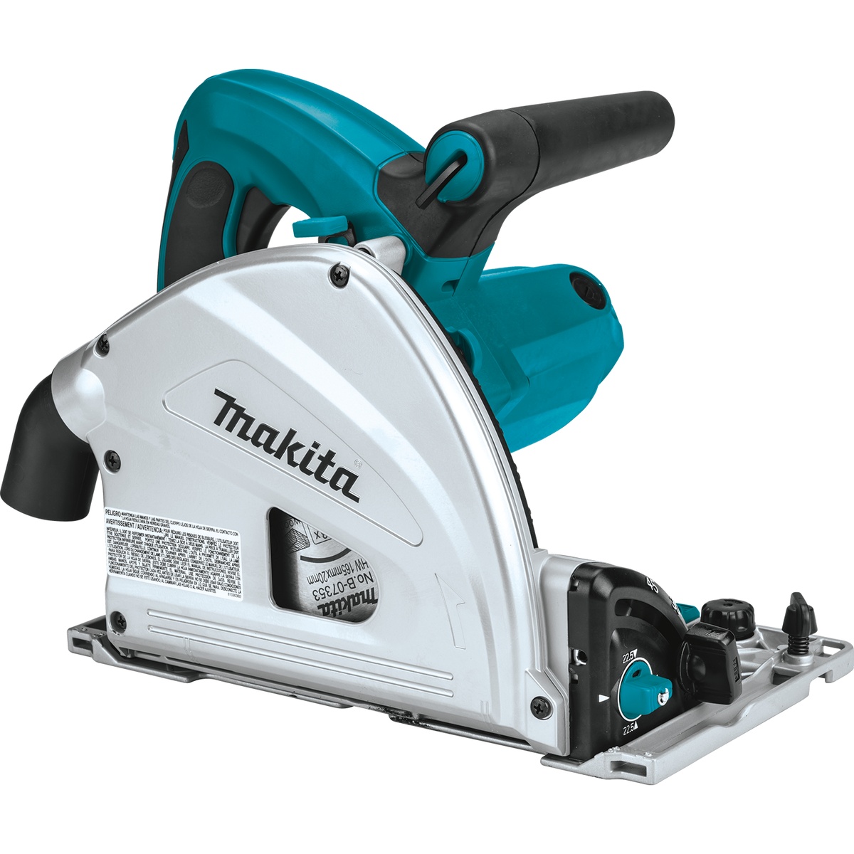 Makita SP6000J 6-1/2 inch plunge circular saw shown from the side on a clean background, highlighting the plunge mechanism, bevel controls, and base for precise panel cutting and finish carpentry work