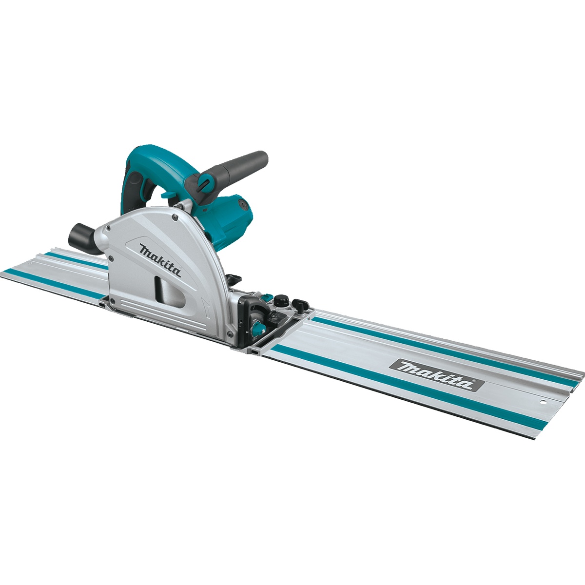Makita SP6000J1 6-1/2 in. plunge circular saw riding on the 55 inch guide rail for straight panel cutting in shop or jobsite work