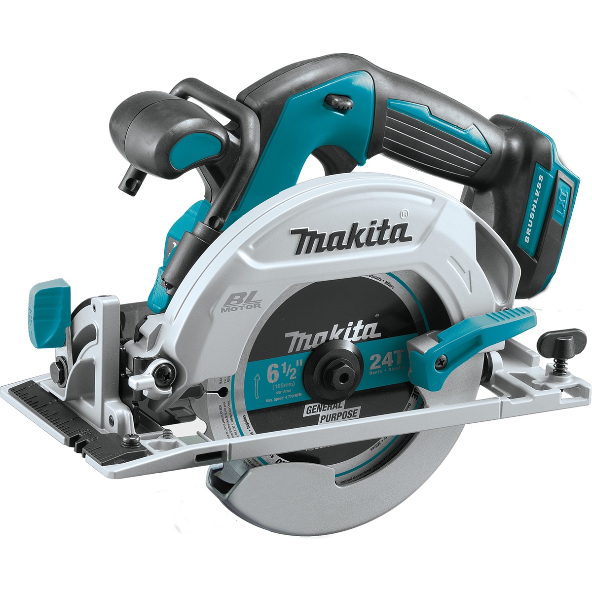 Makita XSH03Z 18V LXT Lithium-Ion Brushless Cordless 6-1/2 inch Circular Saw shown from the blade-left side for wood cutting and ripping on a jobsite