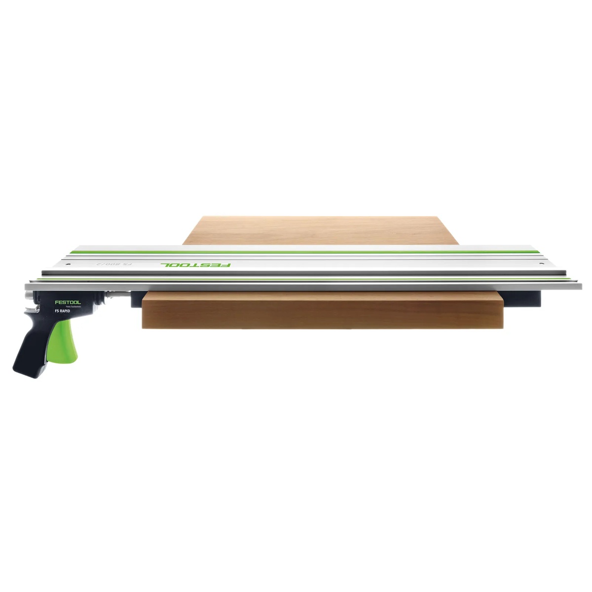 Festool 489790 FS-Rapid Clamp And Fixed Jaws For Guide Rail System installed under a Festool guide rail on a wood sheet panel for cutting setup