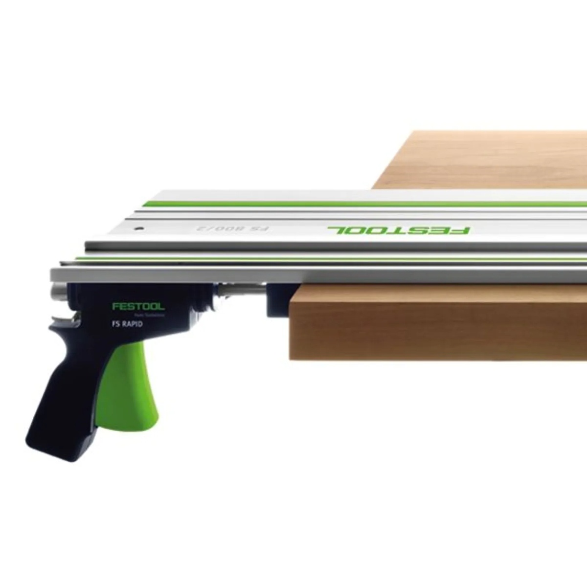 Festool FS-Rapid clamp holding a Festool guide rail against the edge of a wood panel during sheet good cutting