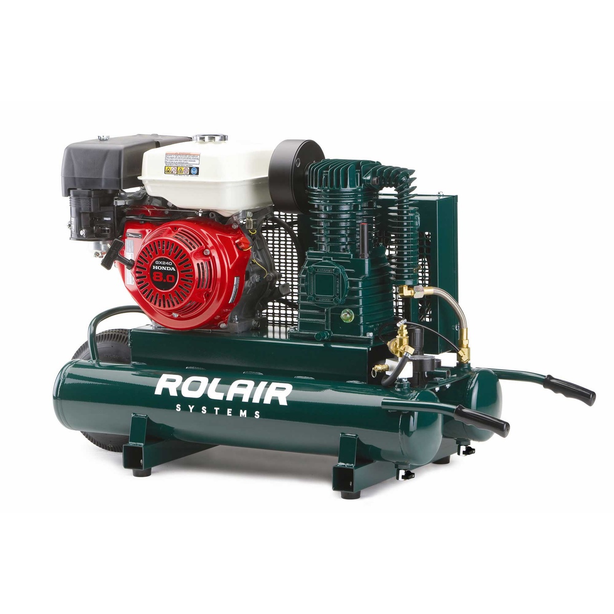Rolair 1040HK18 Wheeled Gas Air Compressor clean product view showing the Honda gas engine, twin-cylinder pump, and twin tank setup for portable jobsite compressed air