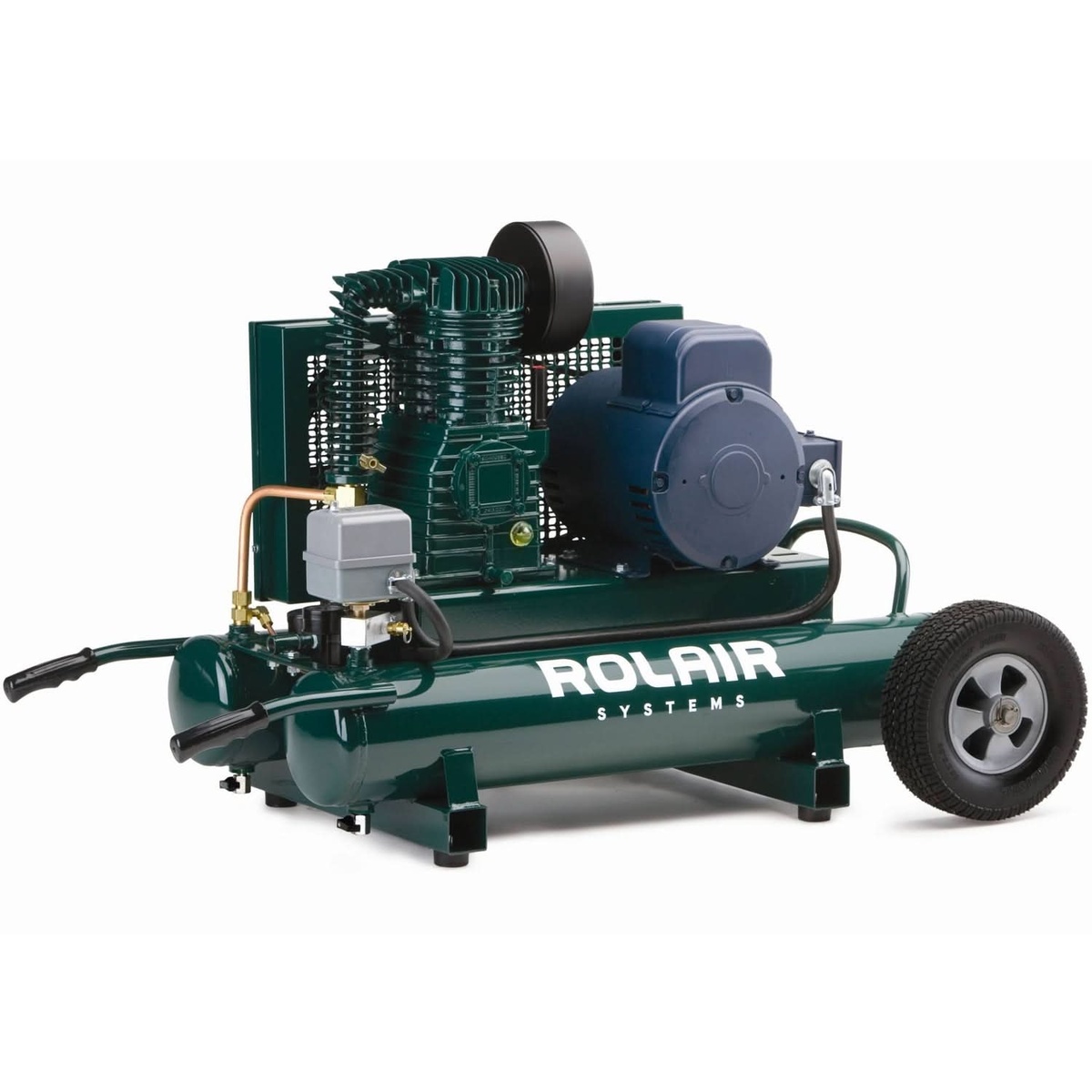 Rolair 3095K18-0001 Heavy Duty 3 HP Wheeled Compressor shown in clean product view with cast-iron twin-cylinder pump, belt drive, and wheeled tank for shop and jobsite compressed air use