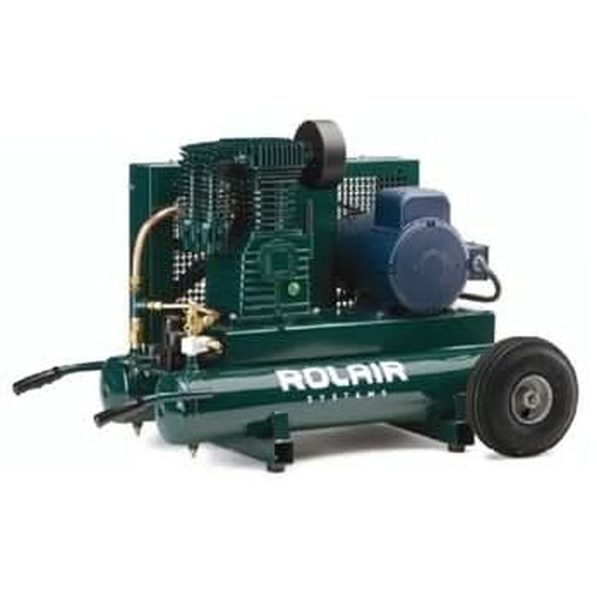 Rolair 3230K24CS-0001 Heavy Duty 3 HP Wheeled Compressor shown in a clean product view with twin-cylinder pump, belt guard, wheels, and shop-ready steel tank for compressed air use