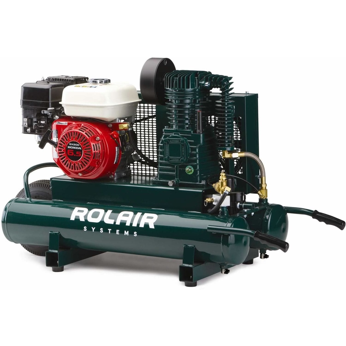 Rolair 6590HK18-0072 6.5 HP Honda Gas Powered Compressor shown as a portable jobsite air compressor with Honda engine, cast-iron pump, and wheelbarrow-style tank for contractor use