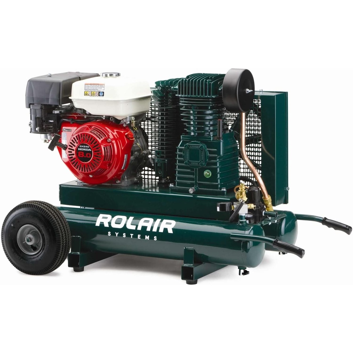 Rolair 7722HK28-0001 8HP Gas Powered Compressor shown as a full product setup for remote jobsite air supply with Honda engine, twin-cylinder pump, and wheel-mounted tank