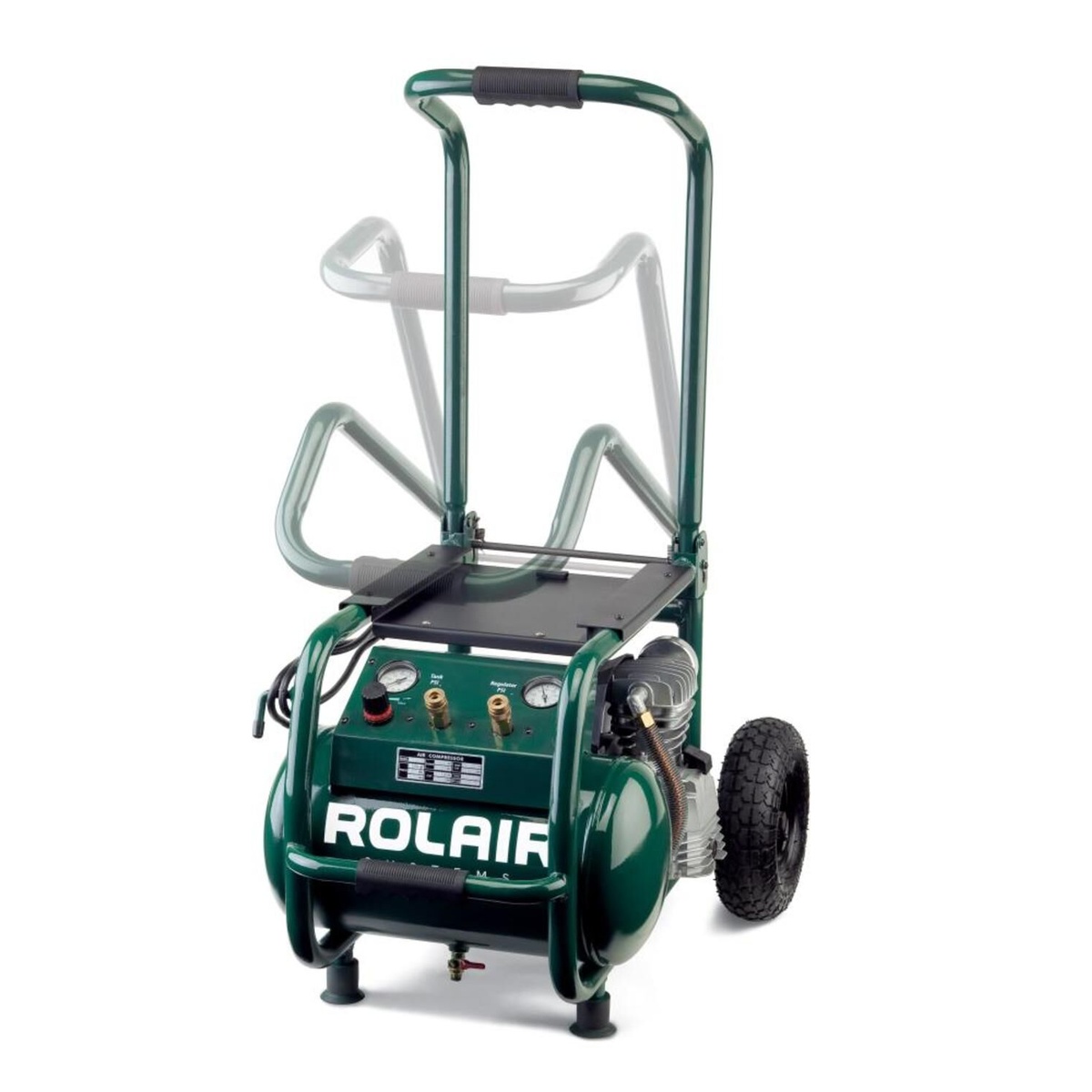 Rolair VT25BIG hand carry air compressor with folding handle raised and lowered, showing portable transport setup for moving around a jobsite or workshop