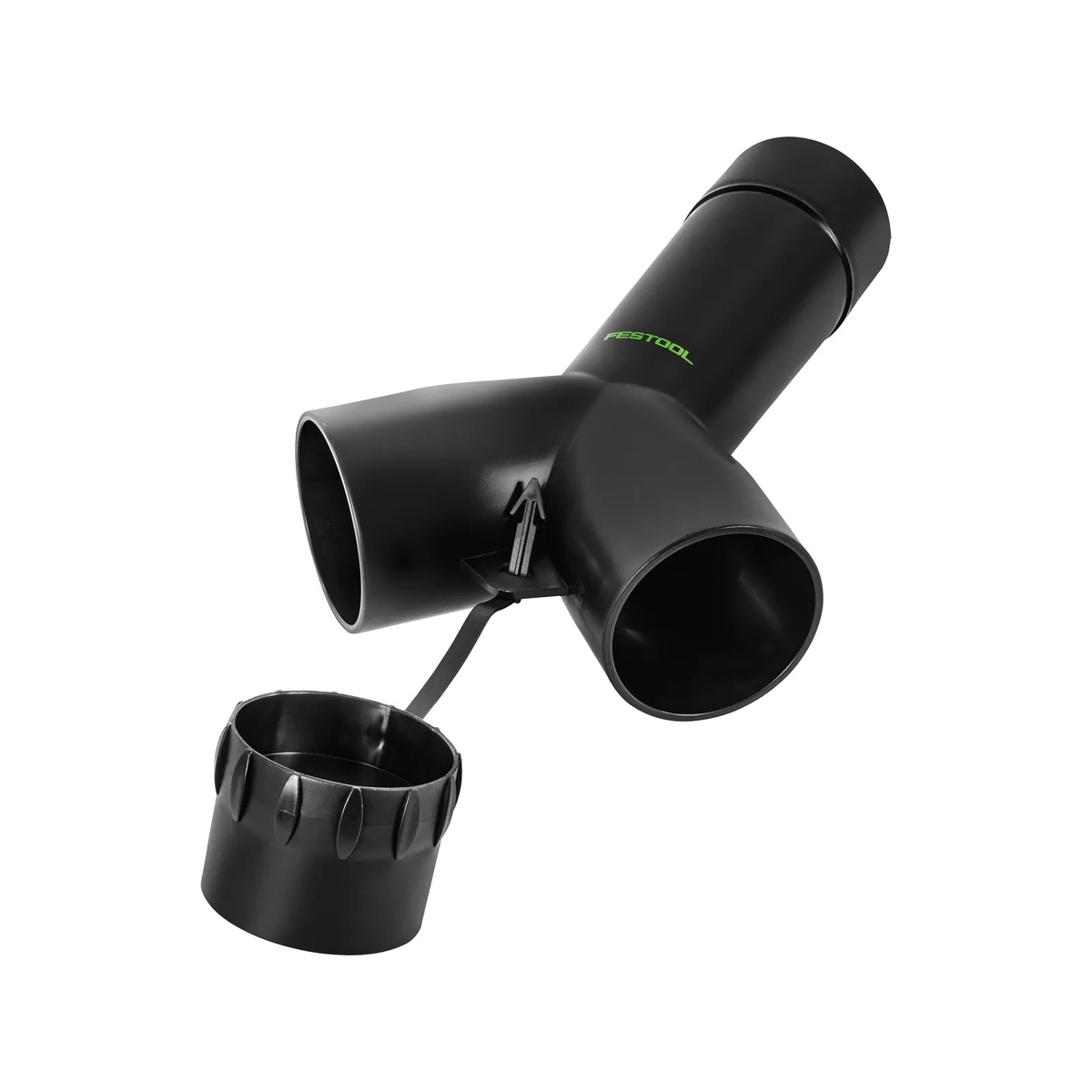 Festool 452898 Antistatic Y-adapter With Blanking Plug shown as a vacuum accessory for connecting two suction hoses to a compatible dust extractor in a workshop dust collection setup