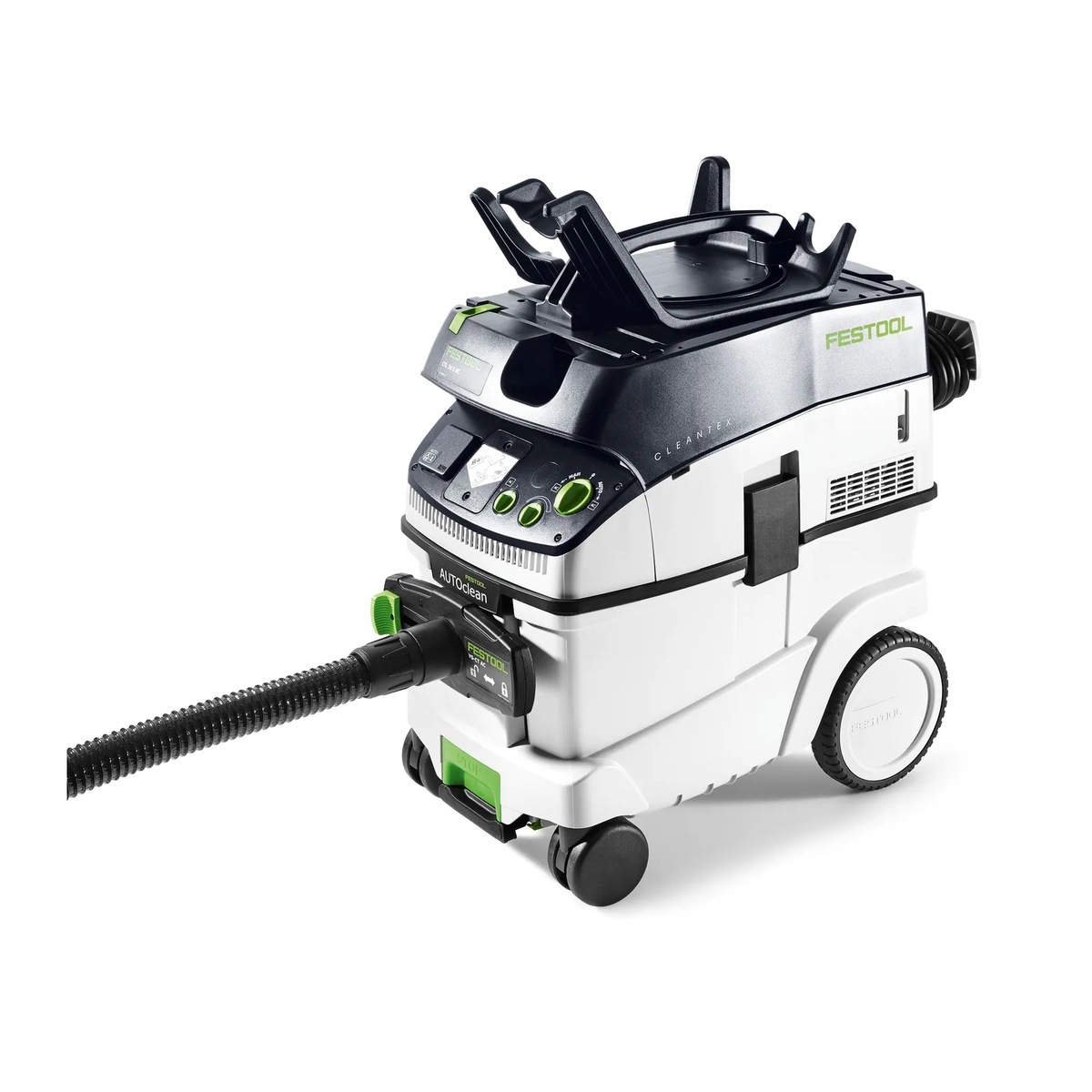 Festool CT 36 AC dust extractor with hose attached, showing the kind of extractor setup the Festool 497926 CT 36 AC Auto Clean Dust Extractor Blast Gate is designed to support during transport and storage