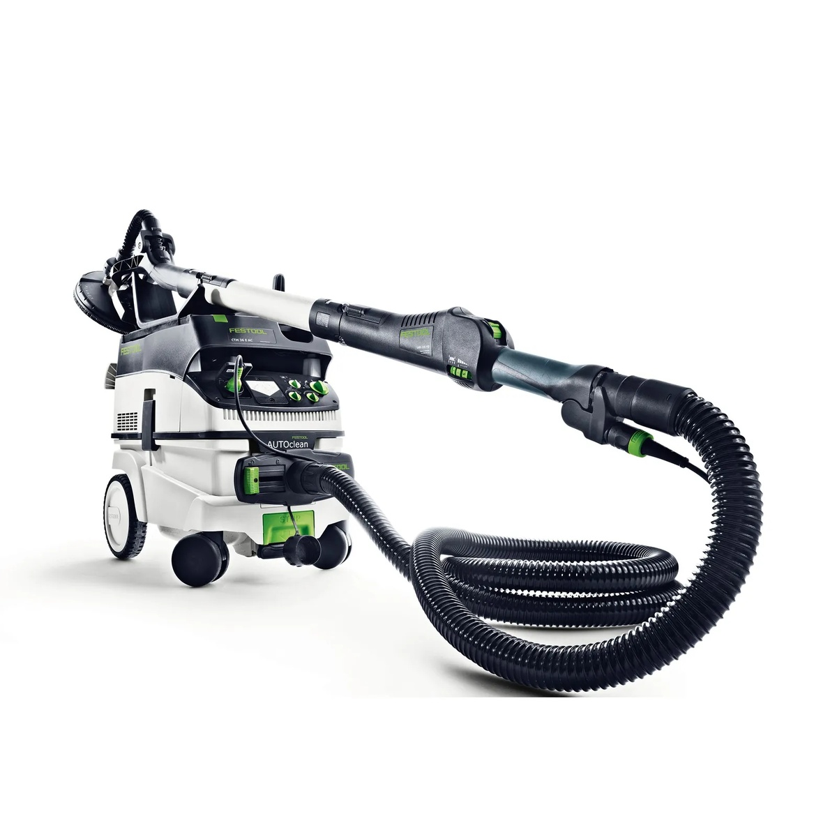 Festool 497926 CT 36 AC Auto Clean Dust Extractor Blast Gate installed on a Festool CT 36 AC PLANEX dust extractor connected to a long-reach drywall sanding setup