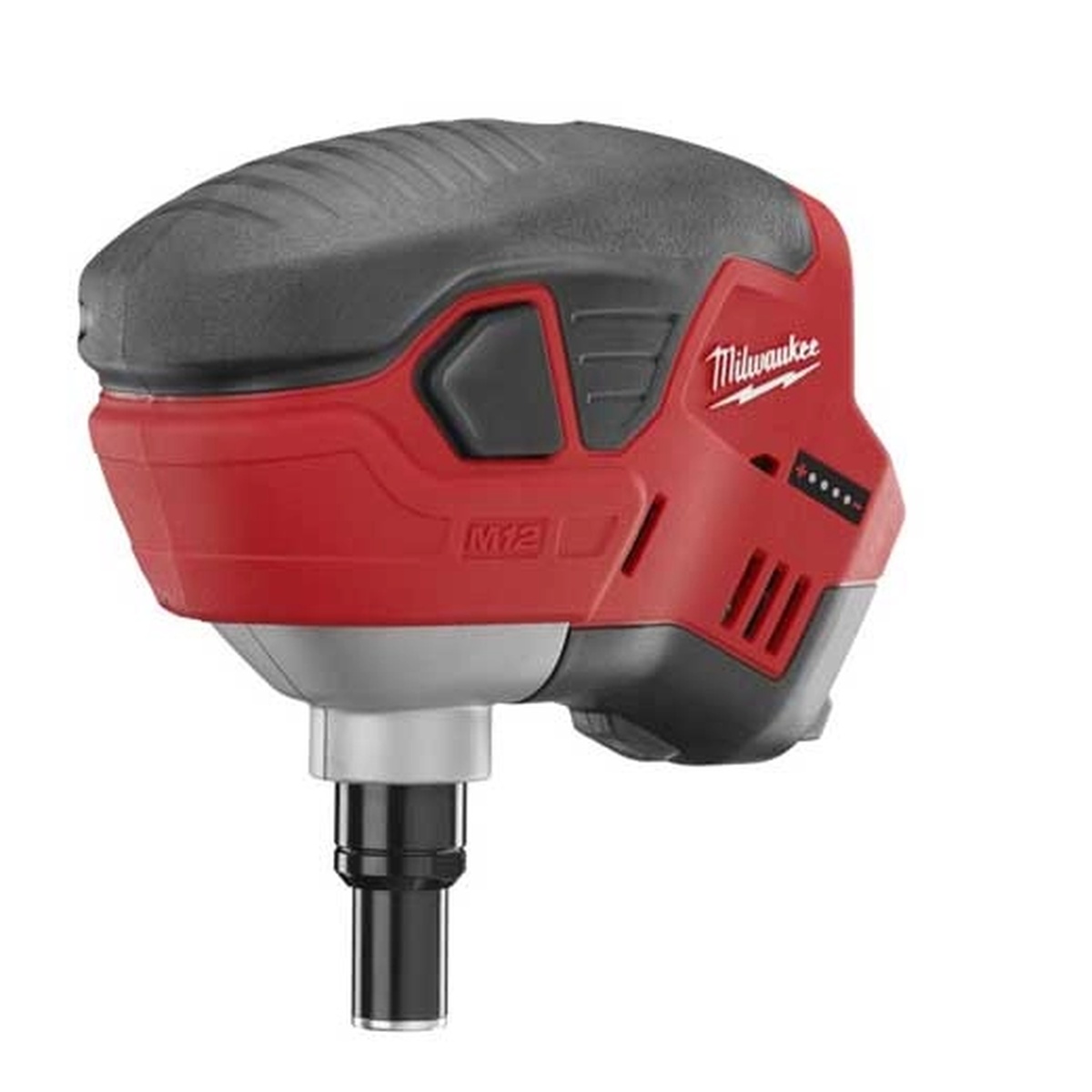 Milwaukee 2458-20 M12 Cordless Palm Nailer product view showing the compact body, onboard fuel gauge, and nose assembly on a clean background