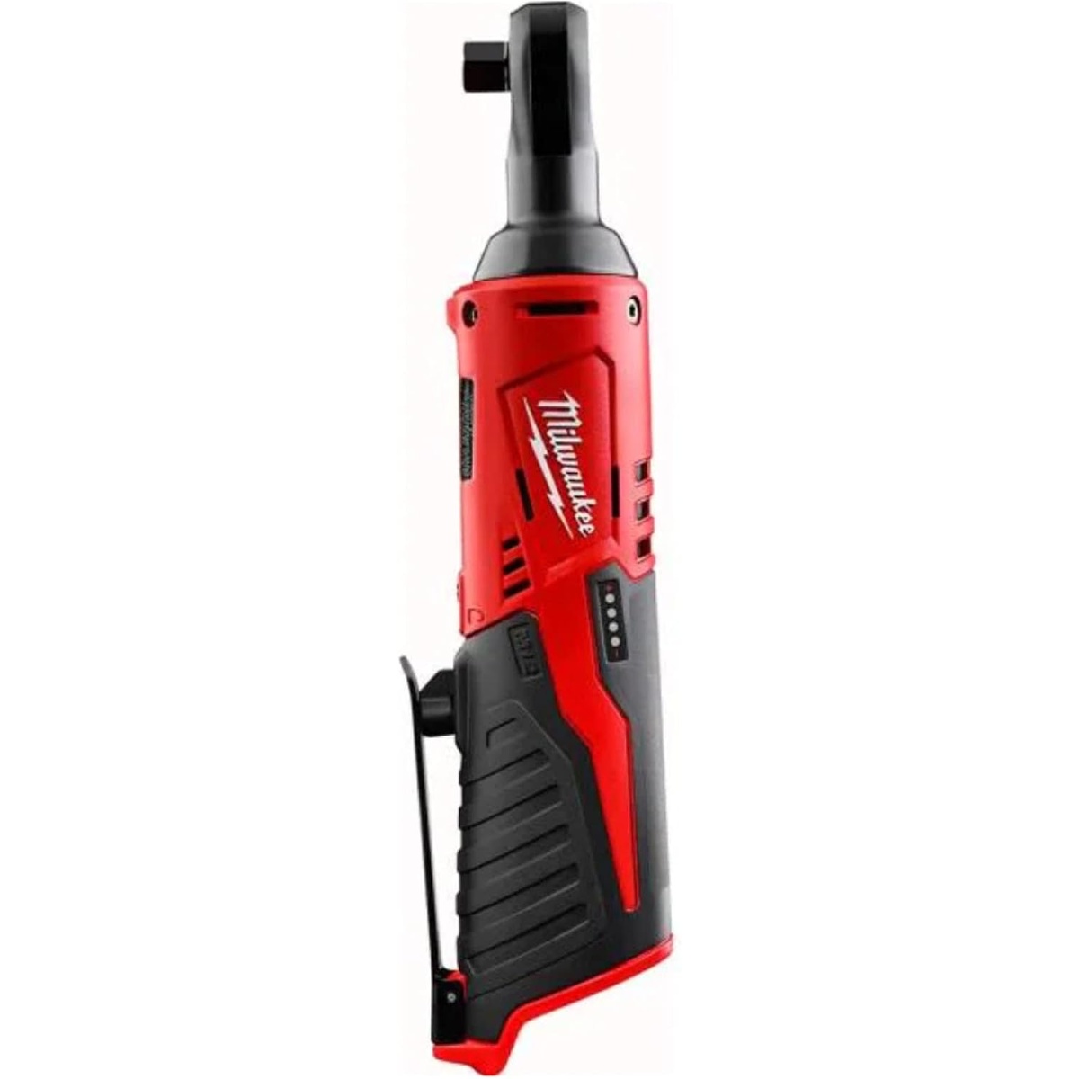 Milwaukee 2457-20 M12 Cordless 3/8 inch Lithium-Ion Ratchet clean product view showing the compact body, 3/8 inch anvil, and grip for tight-space automotive and maintenance fastening