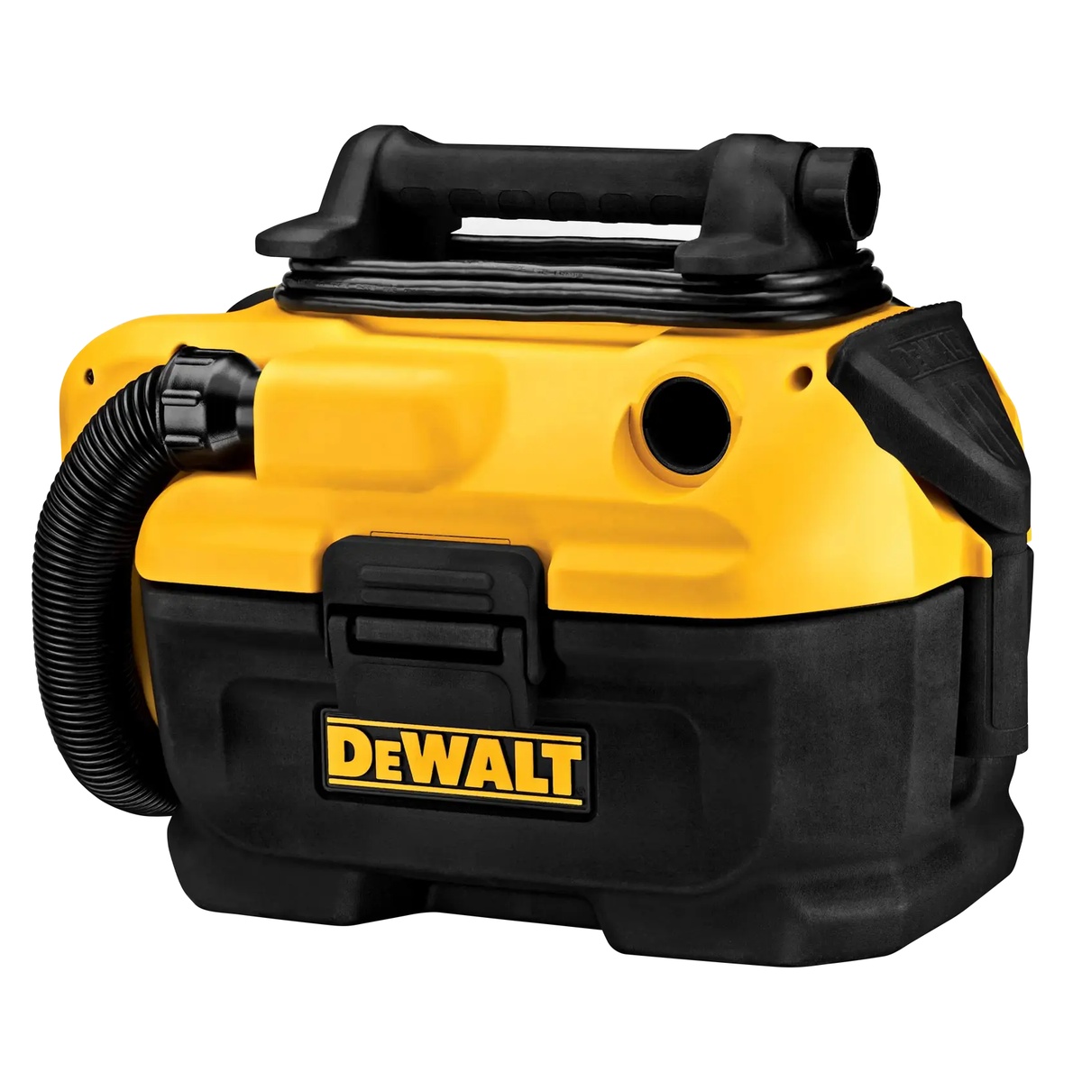 DEWALT DCV581H 20V MAX Cordless/Corded Wet-Dry Vacuum shown as a compact portable jobsite vacuum with integrated hose and carry handle for shop, truck, and service call cleanup