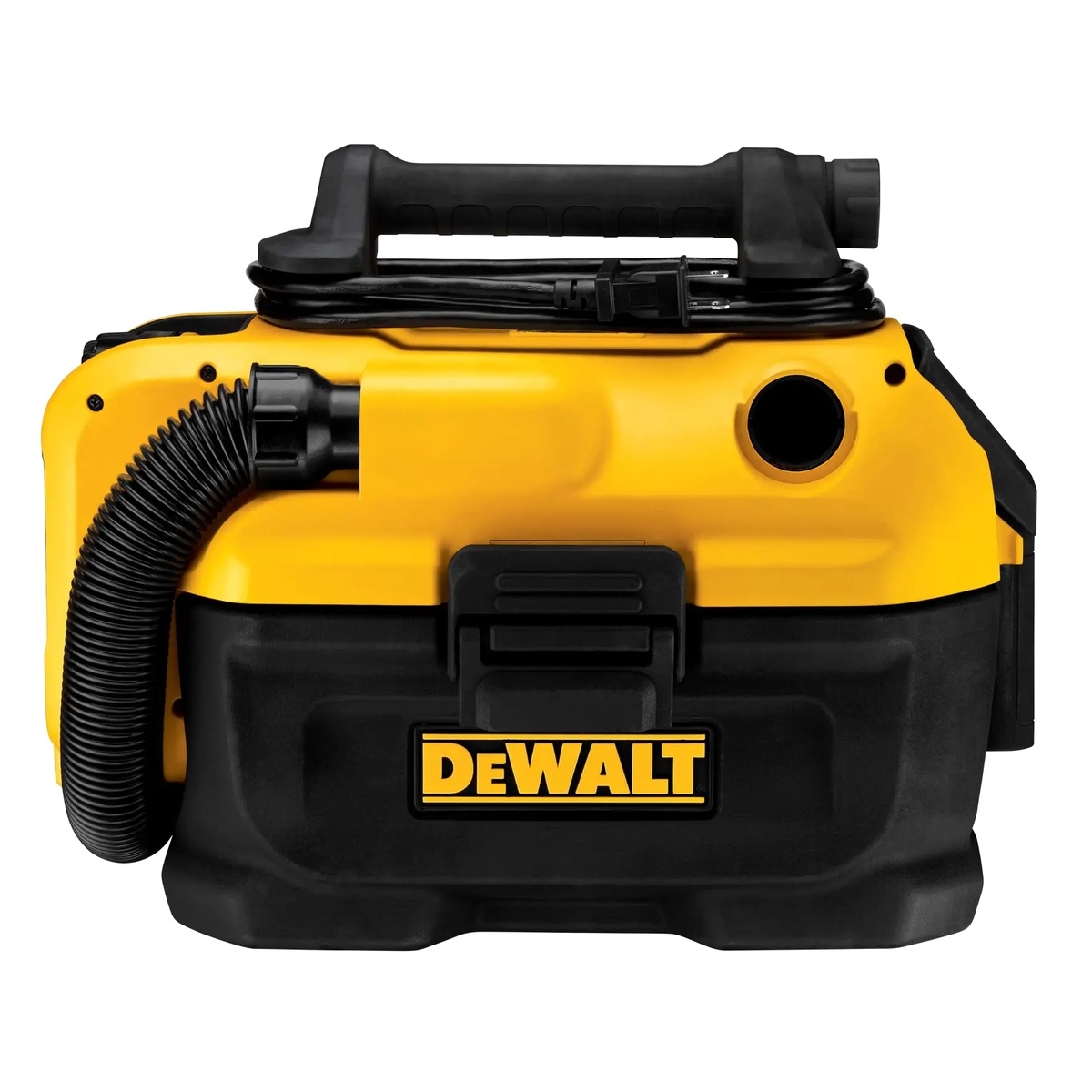 DEWALT DCV581H 20V MAX Cordless/Corded Wet-Dry Vacuum front view showing onboard hose storage and compact housing for cordless or corded cleanup on a jobsite
