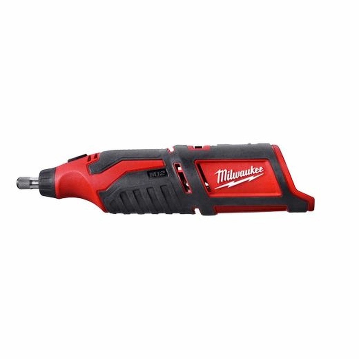 Milwaukee M12 Cordless Lithium-Ion Rotary Tool product view showing compact body, front collet area, and exhaust port design
