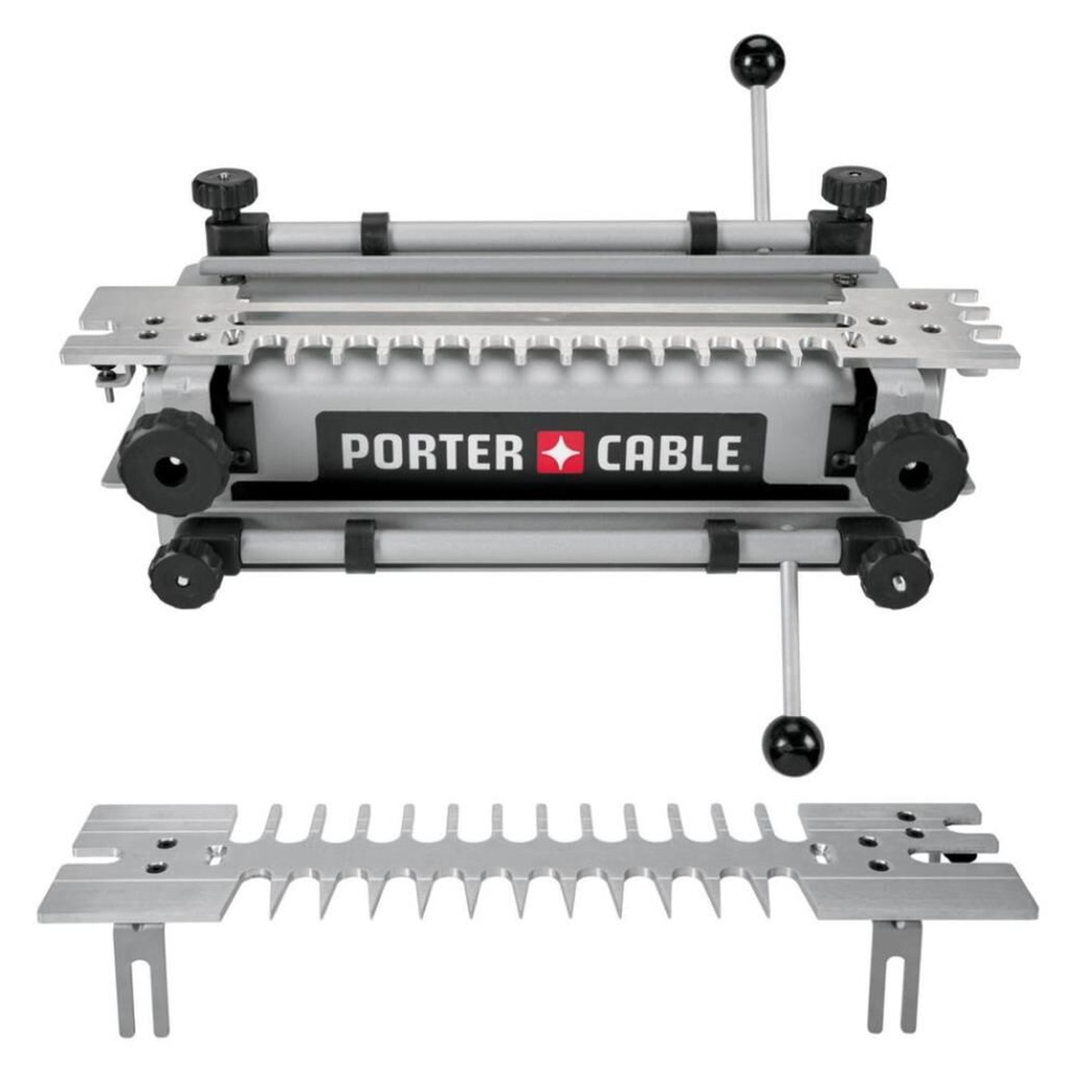 Porter Cable 4212 Deluxe Dovetail Jig shown on a bench-ready product view with aluminum templates and cam clamps for routing dovetail joints in wood drawer parts and cabinet stock