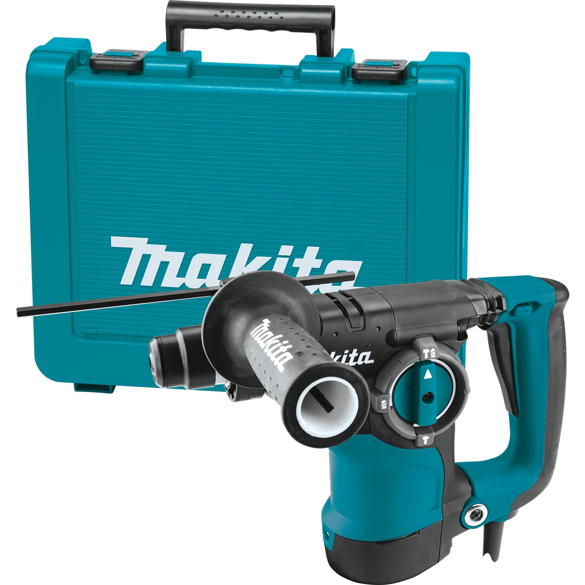 Makita HR2811F Corded 1-1/8'' SDS-PLUS Rotary Hammer with carrying case, side handle, and depth gauge for transport between concrete drilling jobs