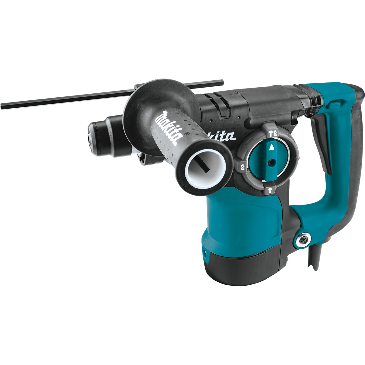 Makita HR2811F Corded 1-1/8'' SDS-PLUS Rotary Hammer shown with side handle and depth rod for concrete drilling and anchor installation work on a jobsite