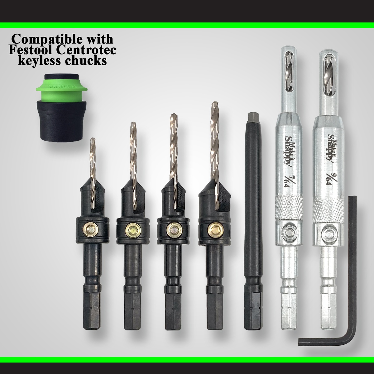 Snappy 93572 Cabinet Maker's Set with Festool Centrotec compatible countersinks, hinge bits, driver bit, and hex key arranged for cabinet installation and wood fastening work