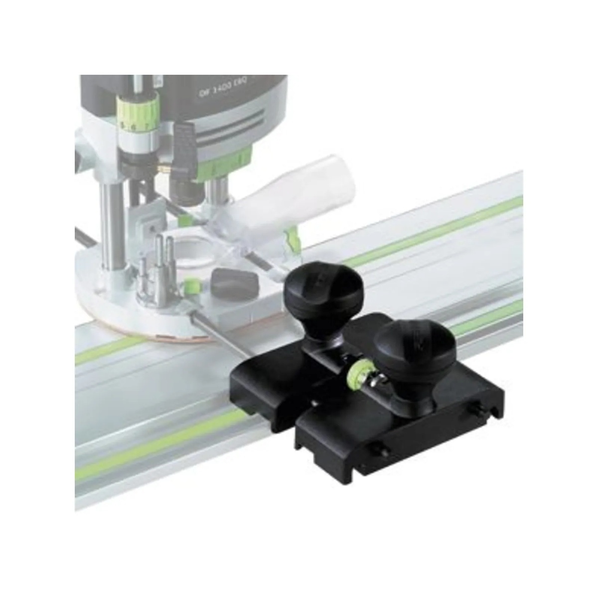 Festool 492601 Guide Stop OF 1400 installed with a Festool router on an FS guide rail for straight routing on a work surface