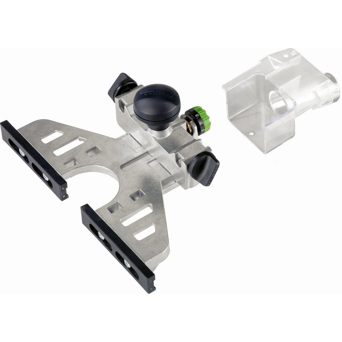 Festool Edge Guide OF 1400 router edge guide with dust extraction hood shown as a complete accessory assembly on a clean background