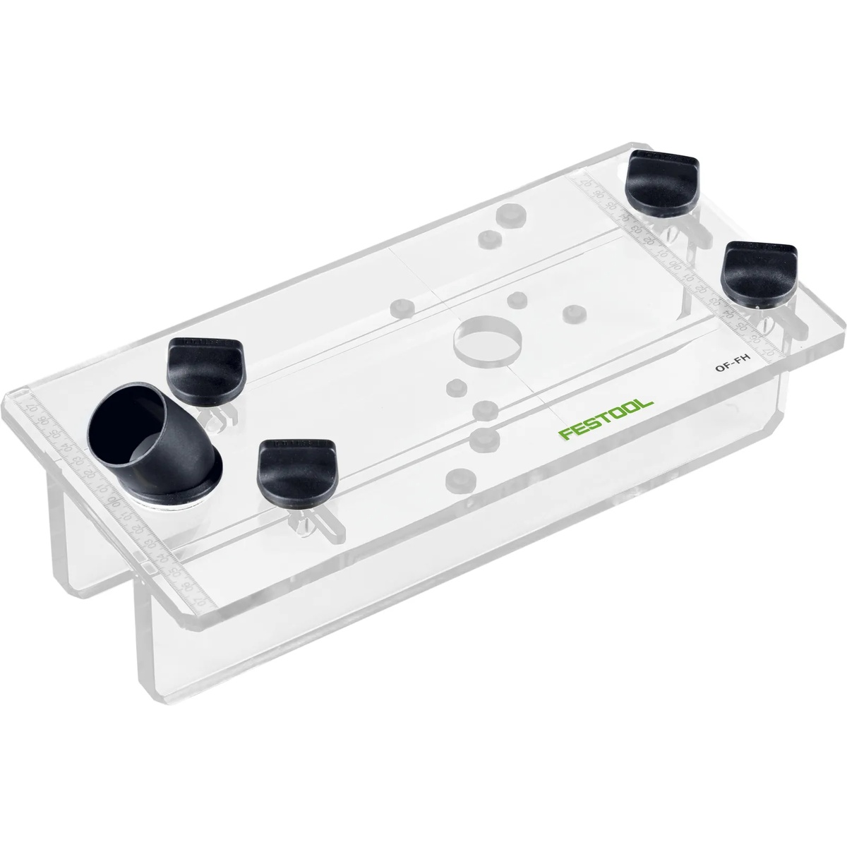 Festool OF-FH 2200 Routing Aid accessory shown from above with integrated ruler, adjustable fences, and dust port on a clear acrylic guide body