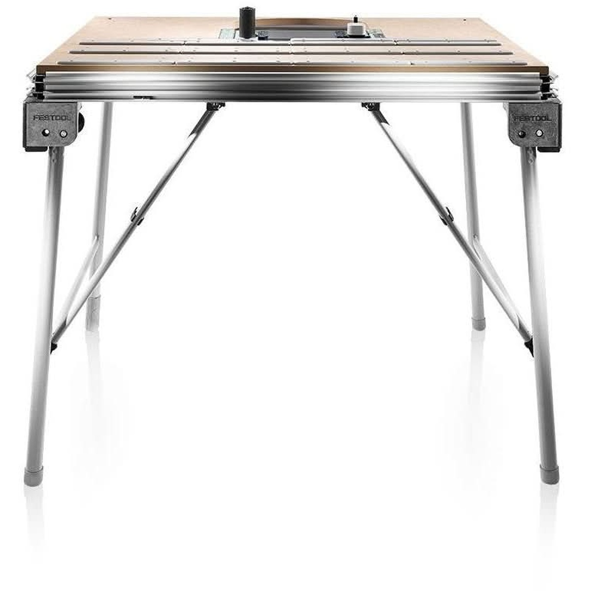 Festool 500869 MFT/3 CONTURO Edge Bander Table shown as a full table setup for stationary edge banding in a woodworking shop