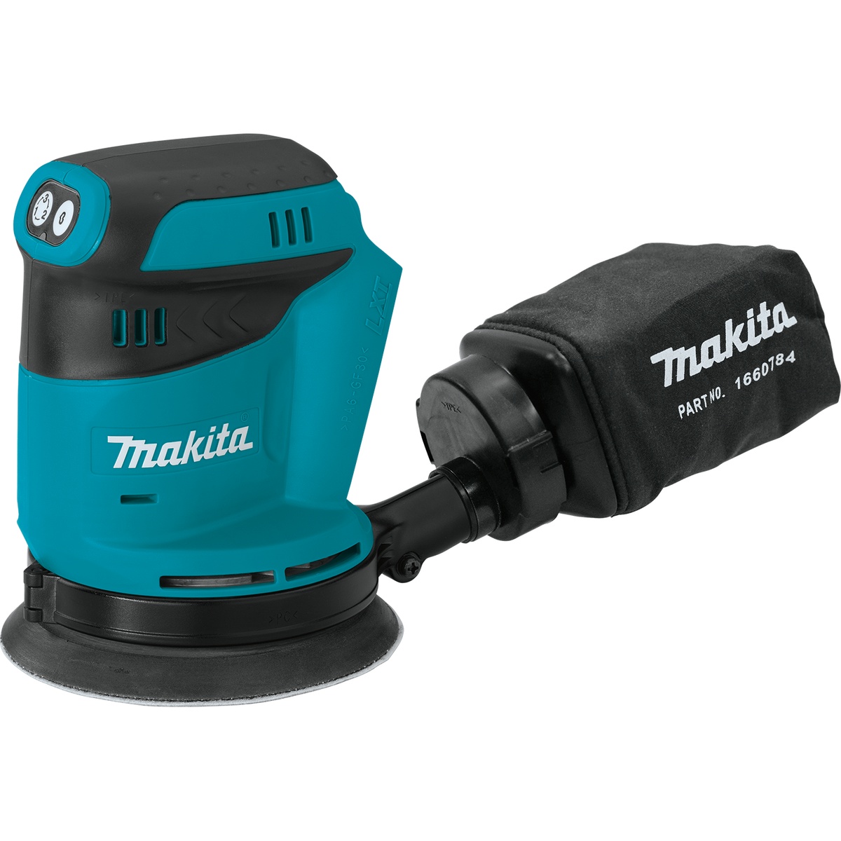Makita XOB01Z 18V LXT Lithium-Ion Cordless 5 in. Random Orbit Sander shown with dust bag attached for finish sanding and surface prep in a woodworking shop