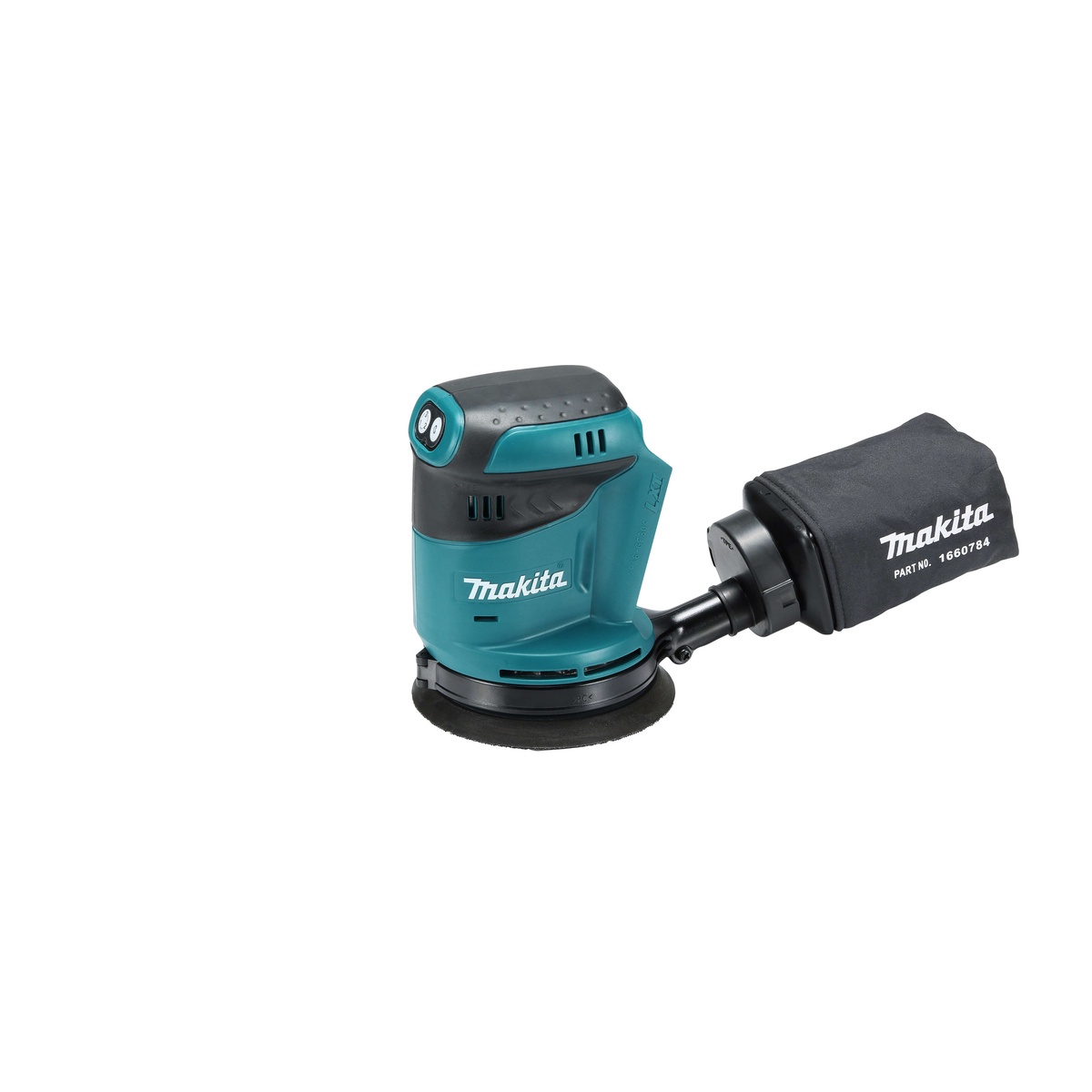 Makita XOB01Z 18V LXT Lithium-Ion Cordless 5 in. Random Orbit Sander product view showing compact body and dust bag for controlled sanding in tight work areas