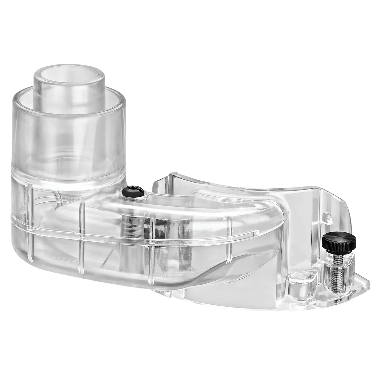 clear DEWALT compact router dust collection adapter for fixed-base routers shown as a standalone accessory for shop vacuum connection and chip control