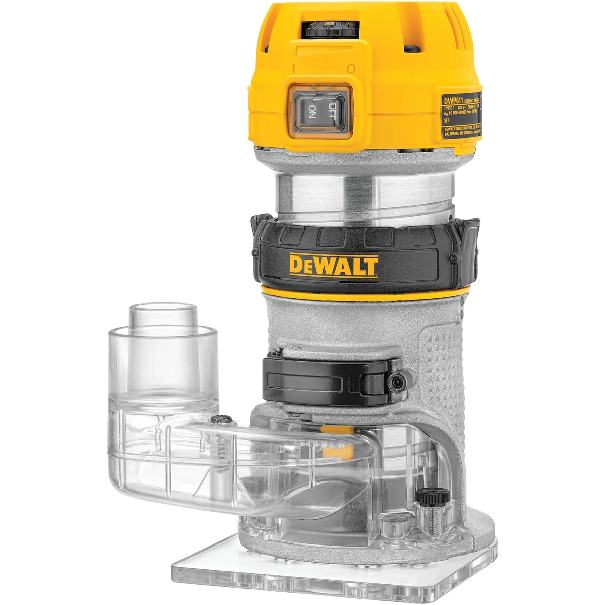 DEWALT DNP615 Compact Router Dust Collection Adapter for Fixed Base installed on a DEWALT compact router fixed base for edge routing and trim work in a workshop setting
