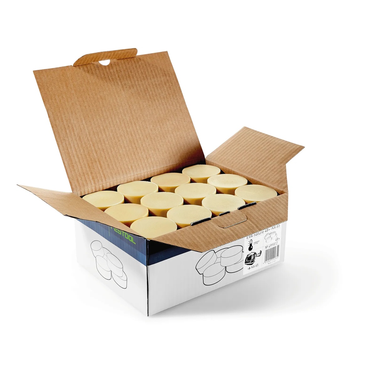 Festool 499812 Natural EVA Edge Banding Adhesive for Conturo, 48 Pack in opened box with multiple adhesive cartridges ready for cabinet and panel edge banding work