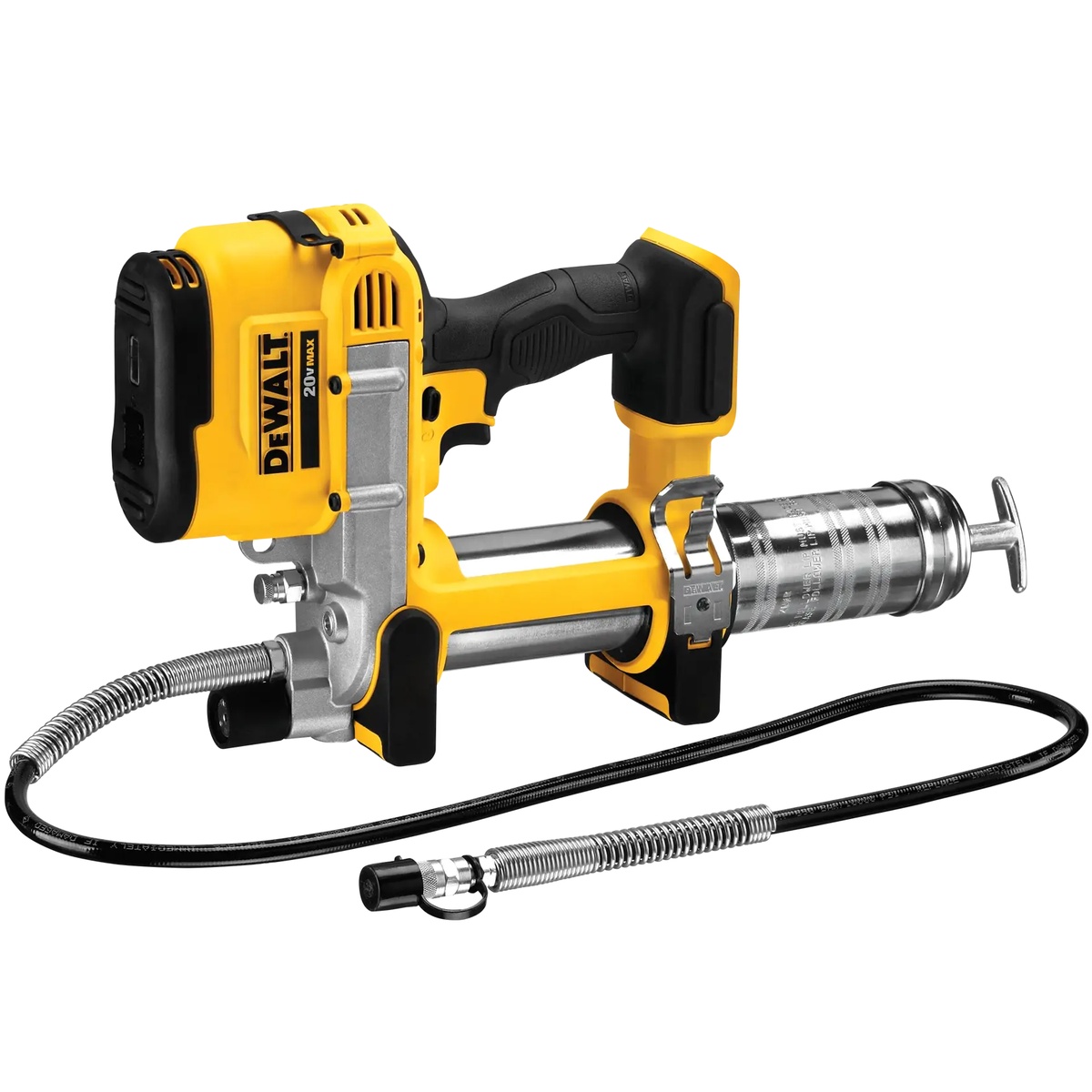 DEWALT 20V MAX cordless grease gun DCGG571B shown with flexible hose for servicing grease fittings on vehicles and equipment in shop maintenance work
