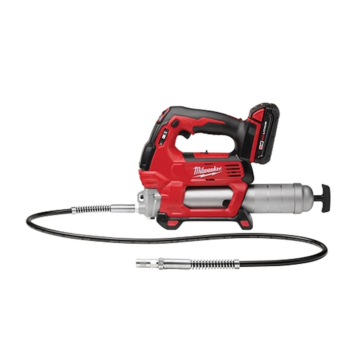 Milwaukee 2646-21CT M18 Cordless 2-Speed Grease Gun Kit product shot showing battery-powered grease gun, barrel, and 48 inch flex hose for shop maintenance