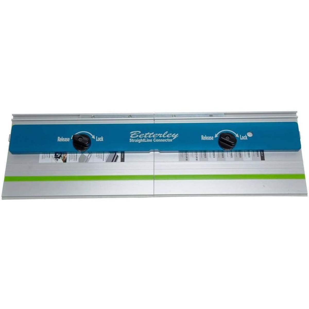 Betterley SLC23 StraightLine Connector for Guide Rails installed across two guide rails to align the joint for long straight track saw cuts in sheet material