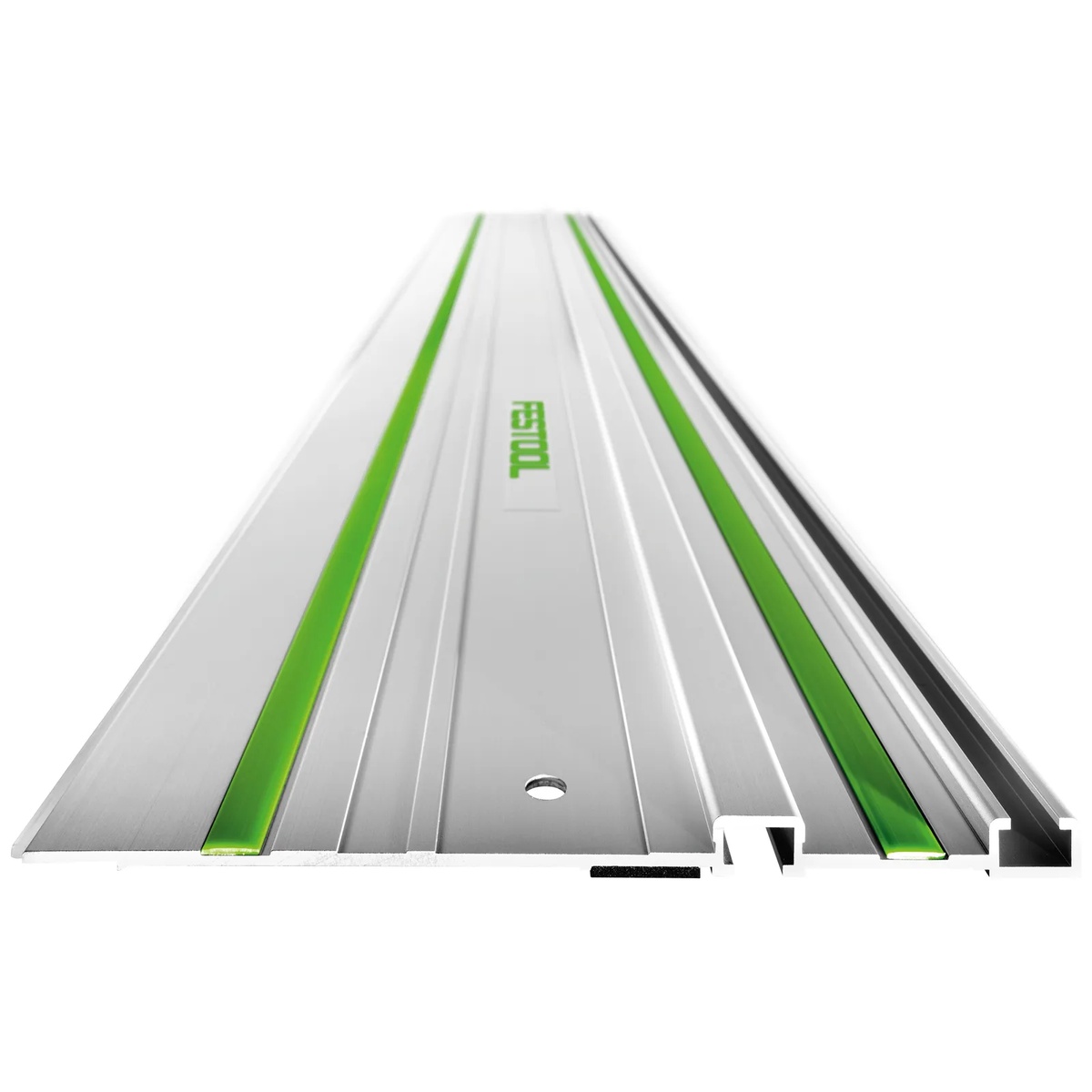 Close-up of the Festool 491498 FS 1400 55 inch guide rail profile showing aluminum construction, glide surface, and integrated strips