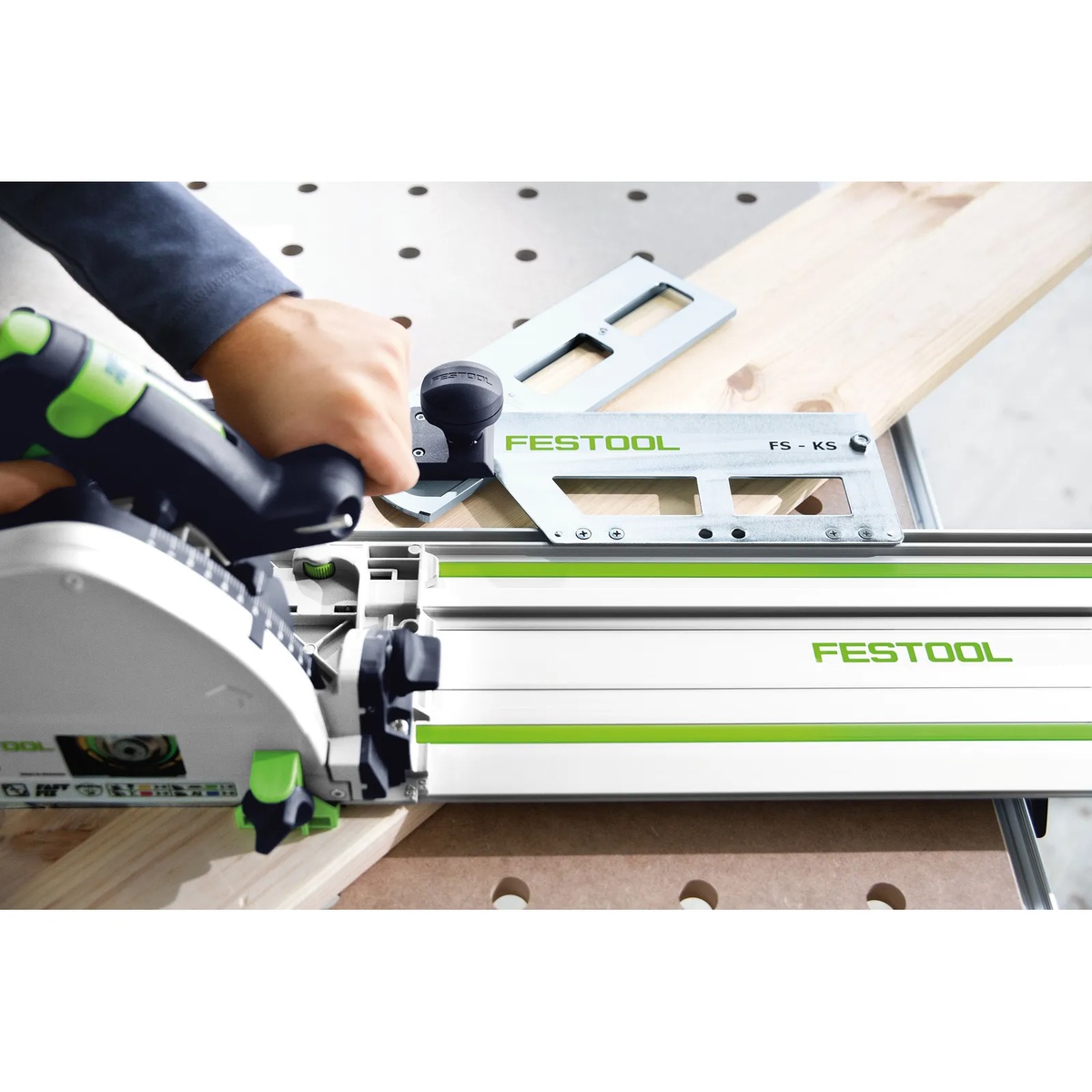 Festool 491499 32 inch Guide Rail FS 800 used with a Festool plunge-cut saw and angle guide on a wood panel in a shop environment