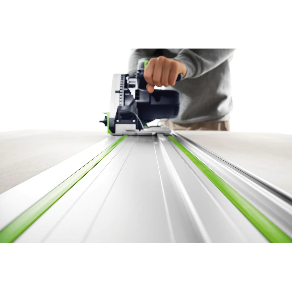 Festool 491499 32 inch Guide Rail FS 800 guiding a Festool plunge-cut saw across a panel for a straight workshop cut
