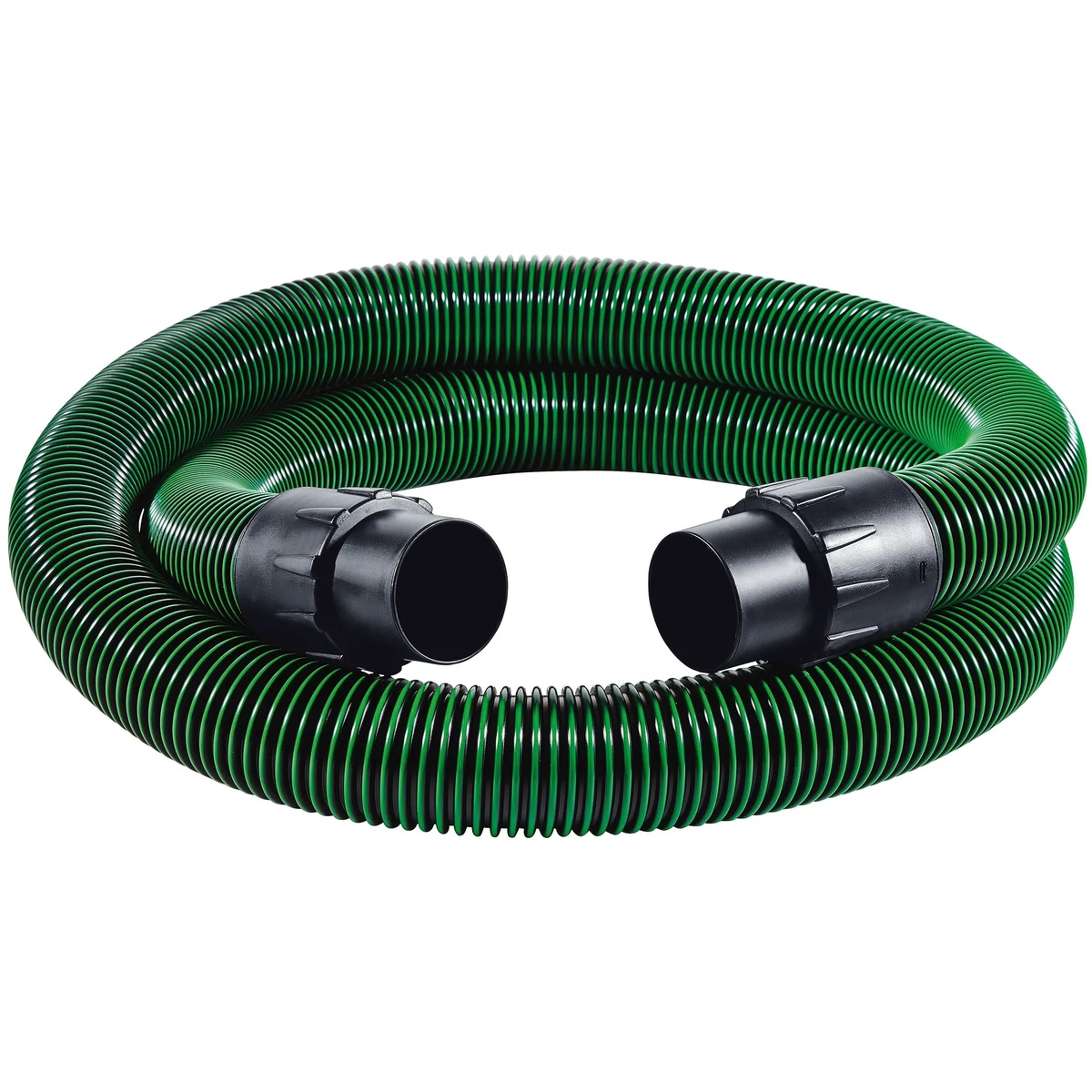 Festool 452888 Antistatic Hose, 50mm X 2.5m (1 15/16 inch x 8.25 ft) coiled on a workshop surface showing the large dust extraction hose and rotating end connectors for vacuum use