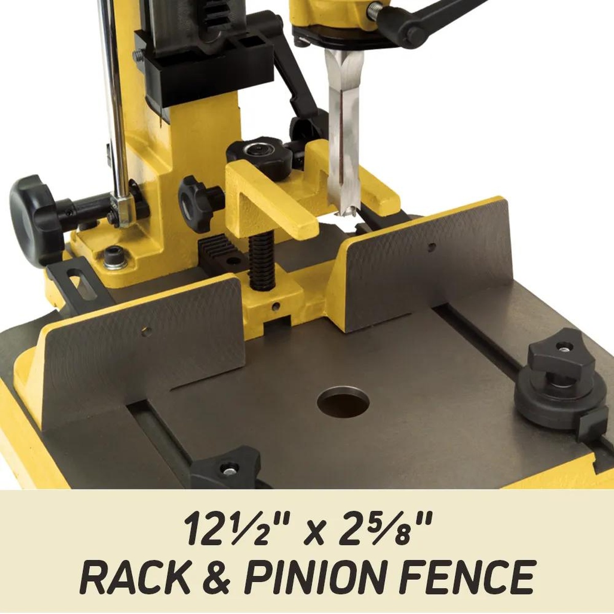 Powermatic PM701 mortiser rack and pinion fence supporting a woodworking workpiece on the benchtop mortiser table during joinery setup