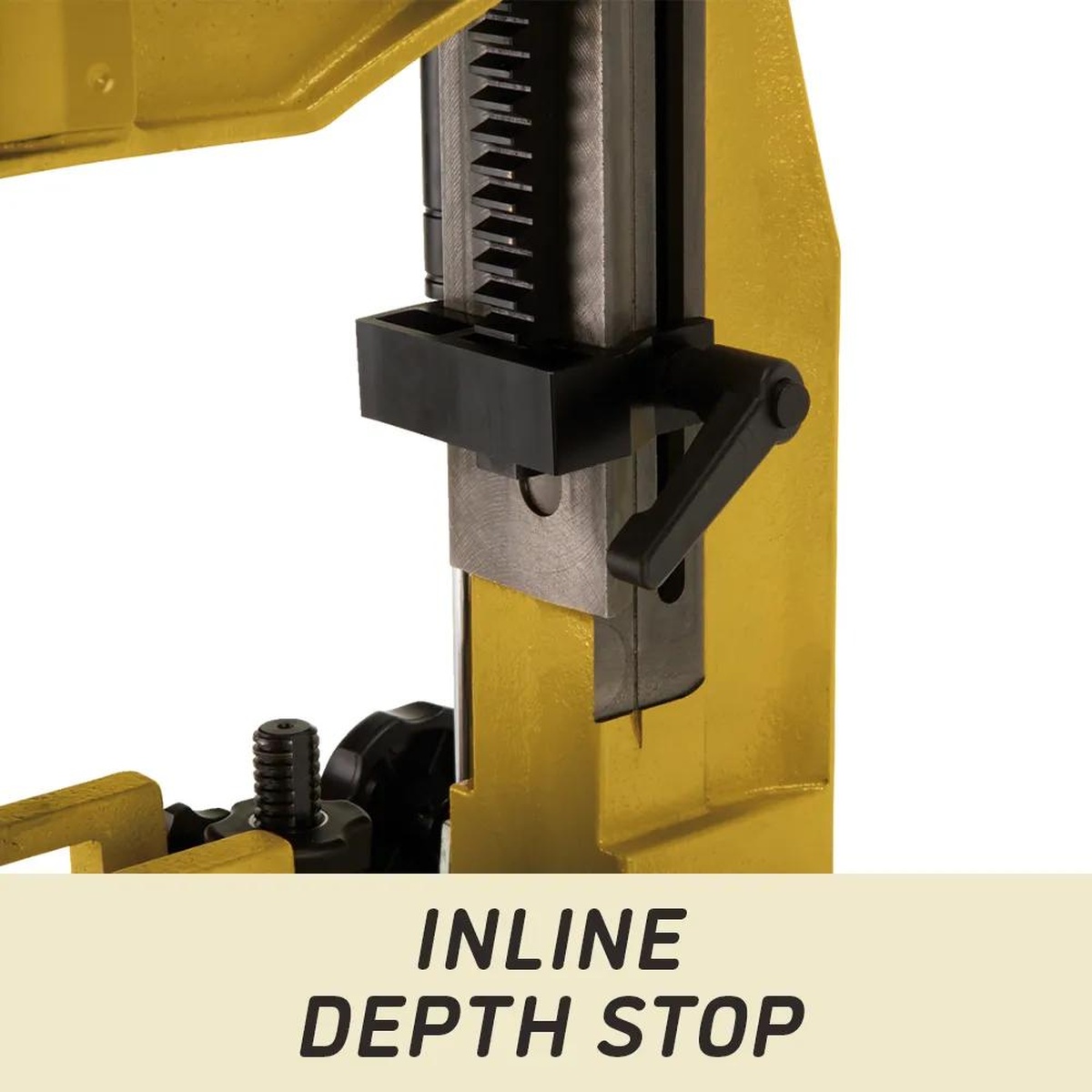 Powermatic 1791310 PM701 Mortiser, 3/4HP 1PH 115/230V inline depth stop detail on the mortiser column during bench top woodworking setup for repeat mortise cutting