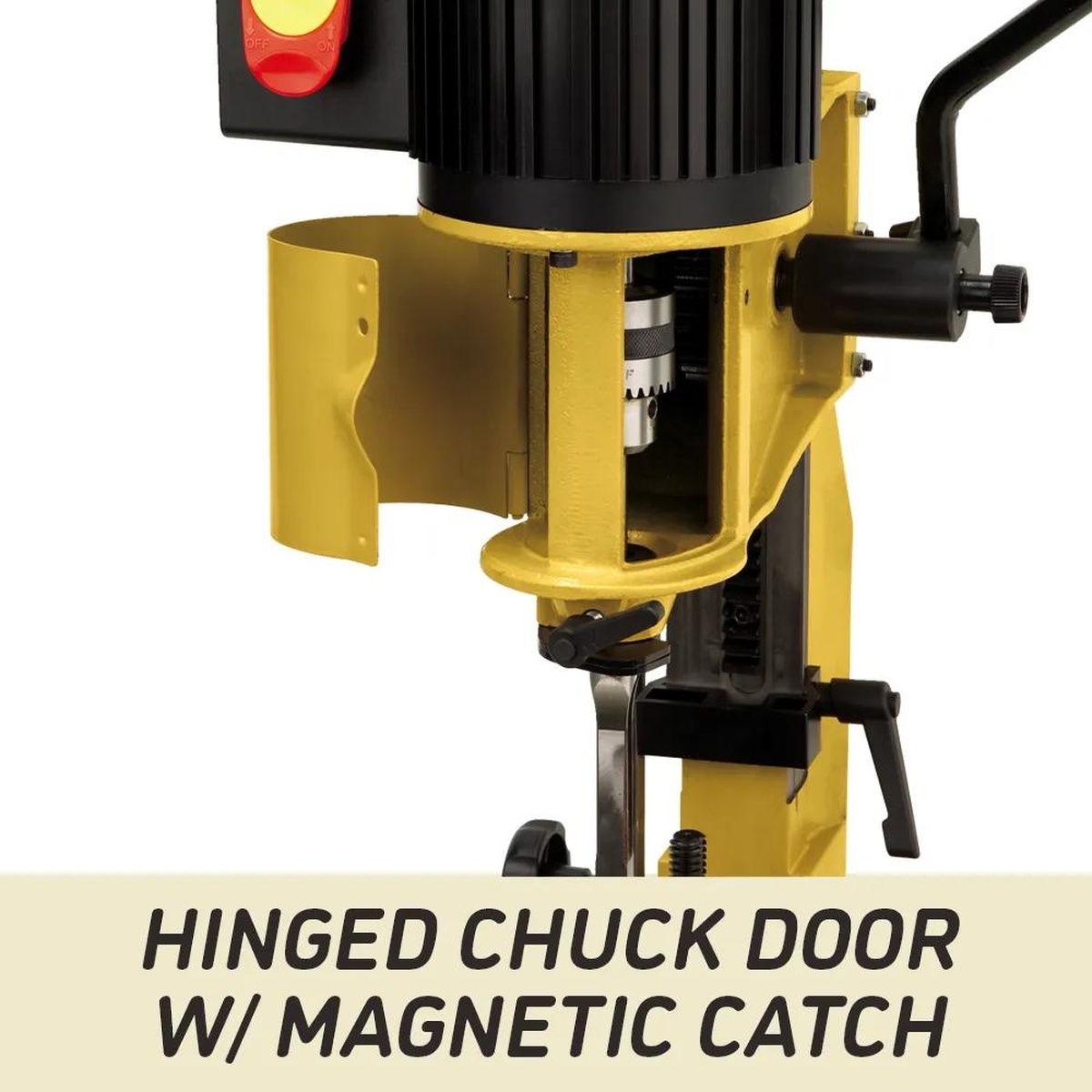 Powermatic PM701 benchtop mortiser hinged chuck door open for bit access during mortiser setup in a woodworking shop