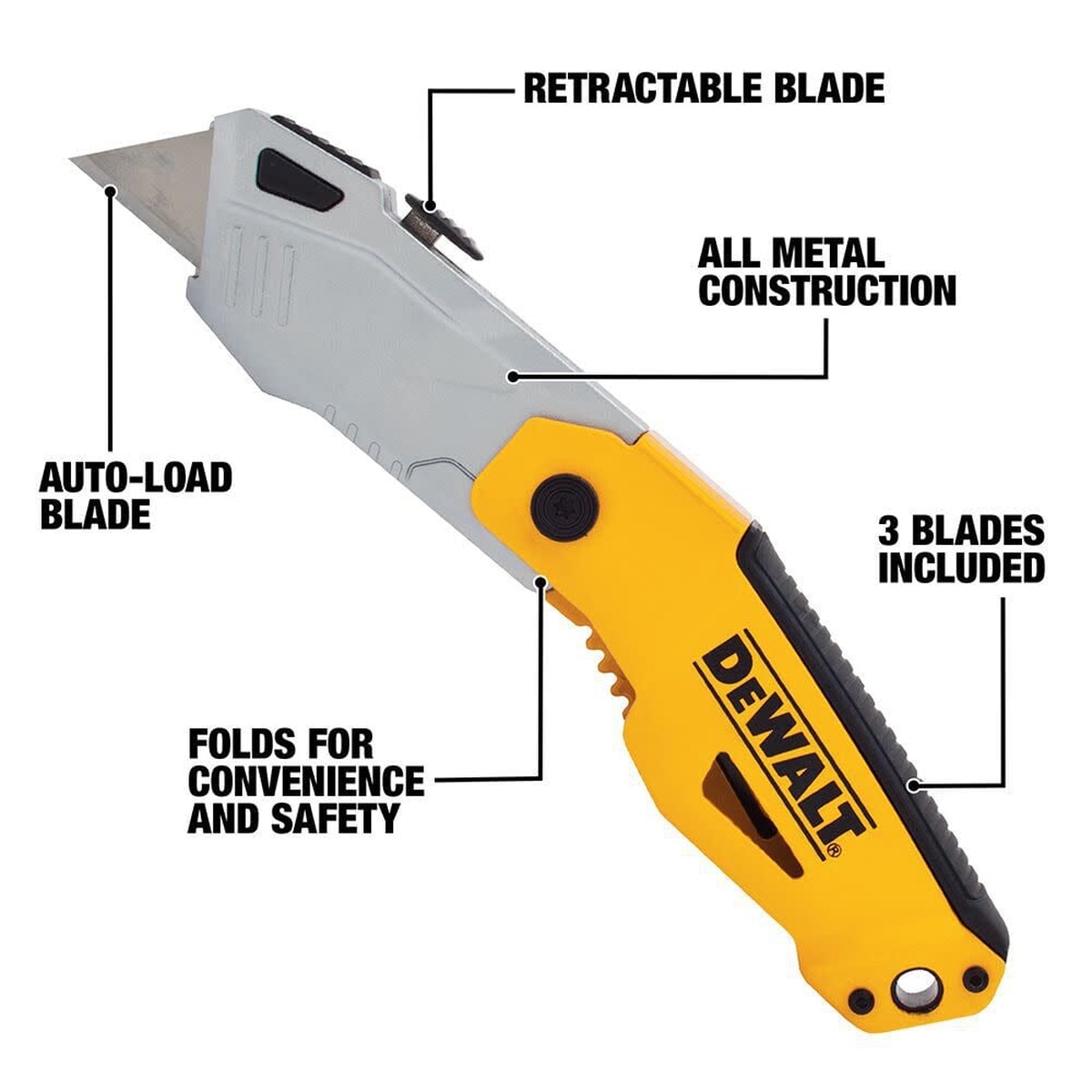 DeWALT DWHT10261 Folding Retractable Auto-Load Knife shown open with retractable blade extended, highlighting auto-load function, all-metal construction, and included blades for jobsite cutting tasks