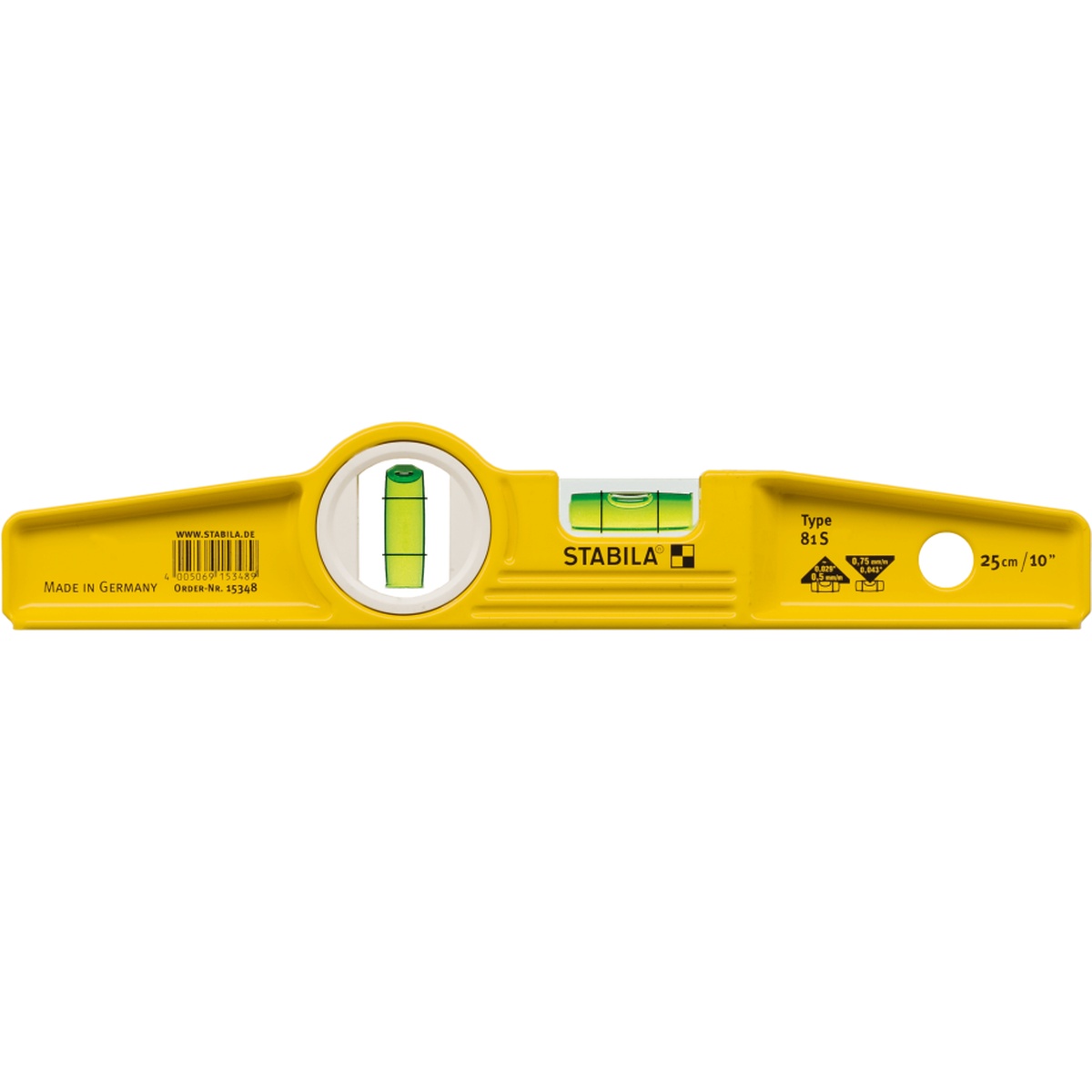 Stabila 25010 Die Cast Torpedo Level full side view showing compact 10 inch body, horizontal vial, and vertical plumb vial on a clean background