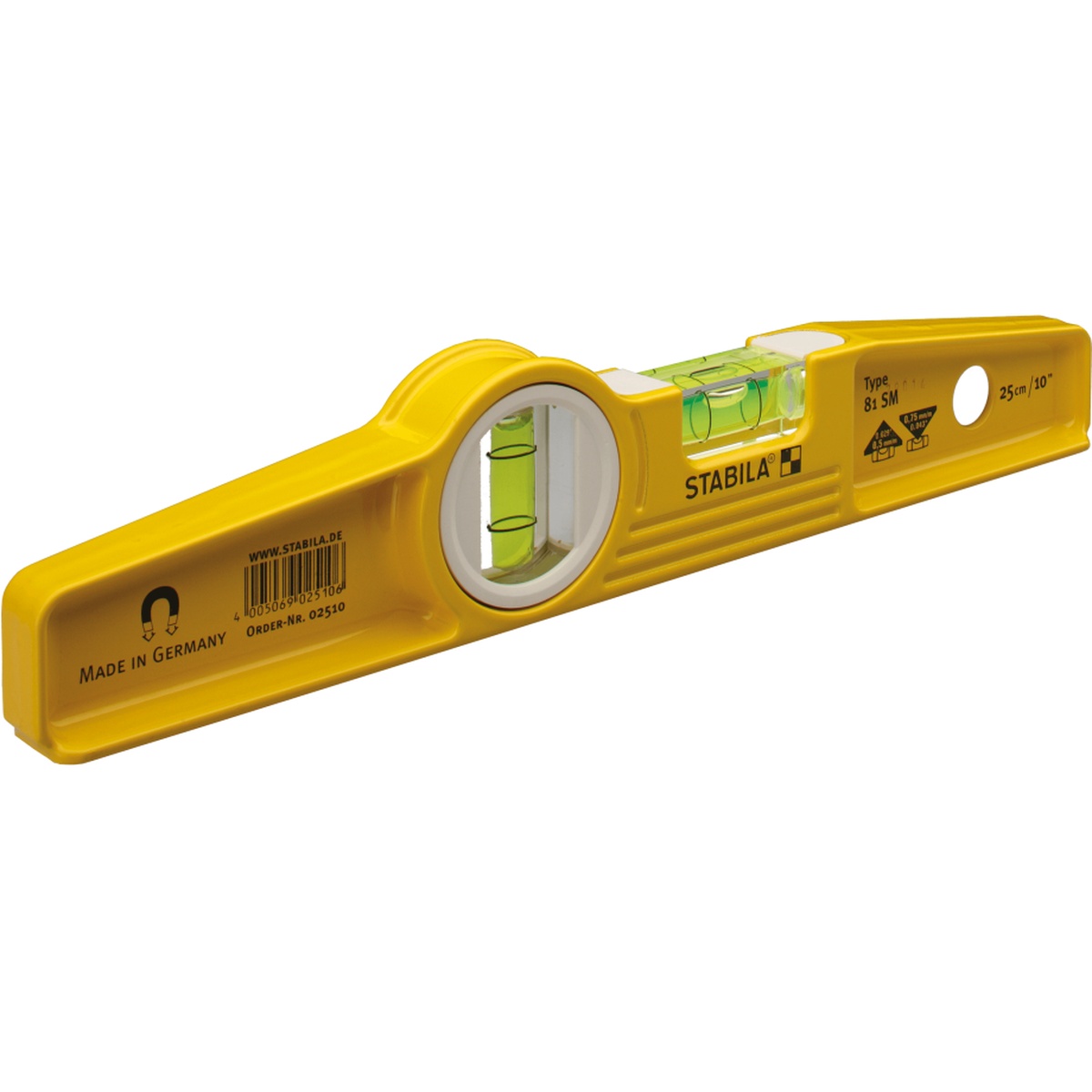 Stabila Type 81SM Die Cast Magnetic Torpedo Level shown from an angle highlighting the die-cast aluminum body, precision vials, and compact 10 inch profile