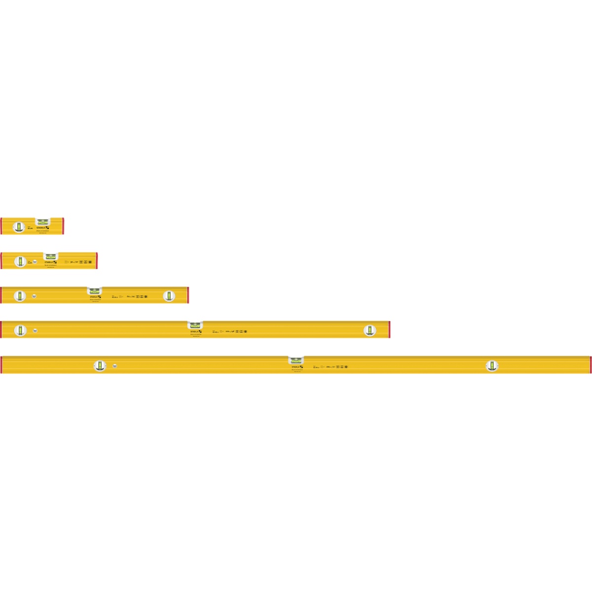 Stabila Type 80A contractor level lineup showing the box beam aluminum frame and vial layout