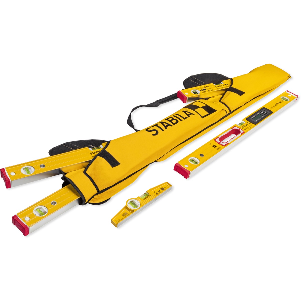 Stabila 30025 Nylon Carrying Case open with multiple spirit levels loaded in separate pockets to show organized storage and tool protection