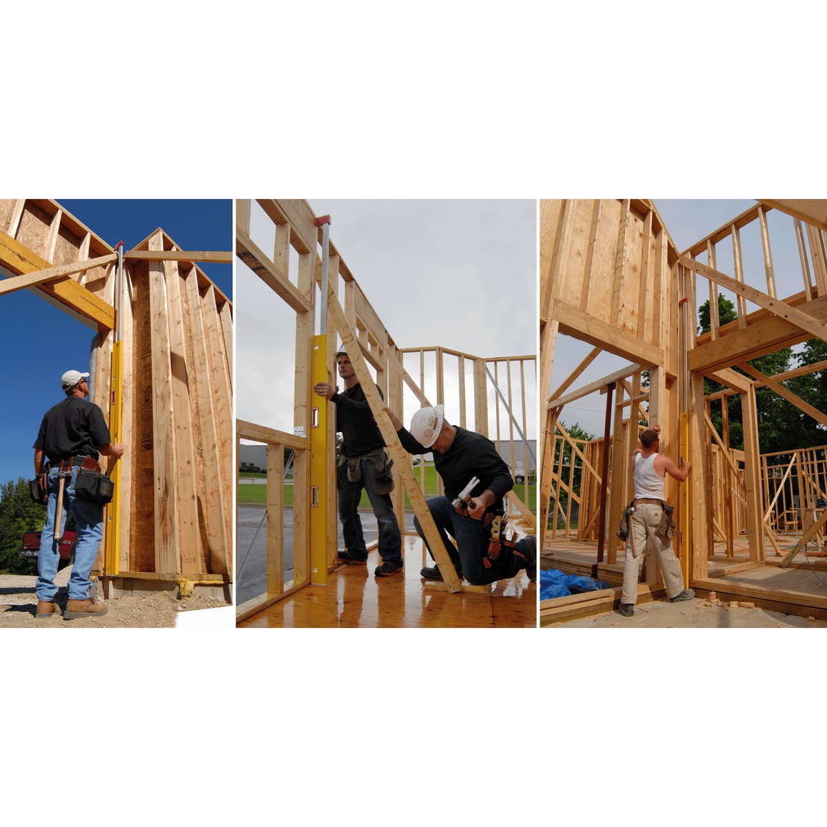 Stabila 35712 7-to-12 foot Expandable Plate Spirit Level being used to plumb tall framed walls and large openings on a wood framing jobsite