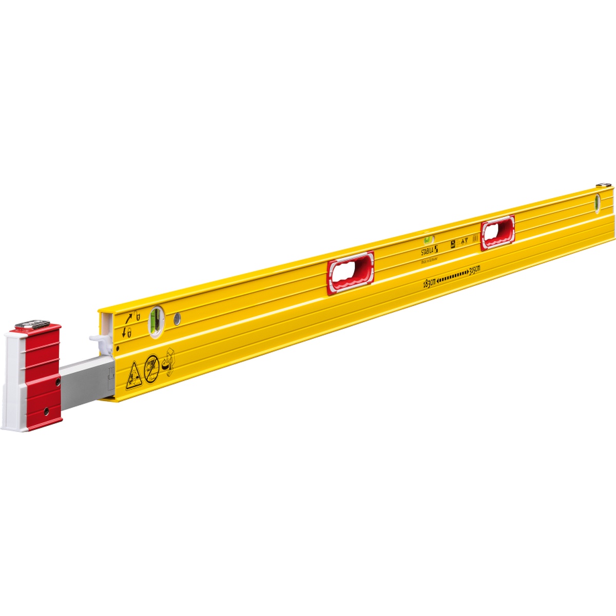 Stabila 35712 7-to-12 foot Expandable Plate Spirit Level product view showing printed extension scale, vials, and telescoping plate level body