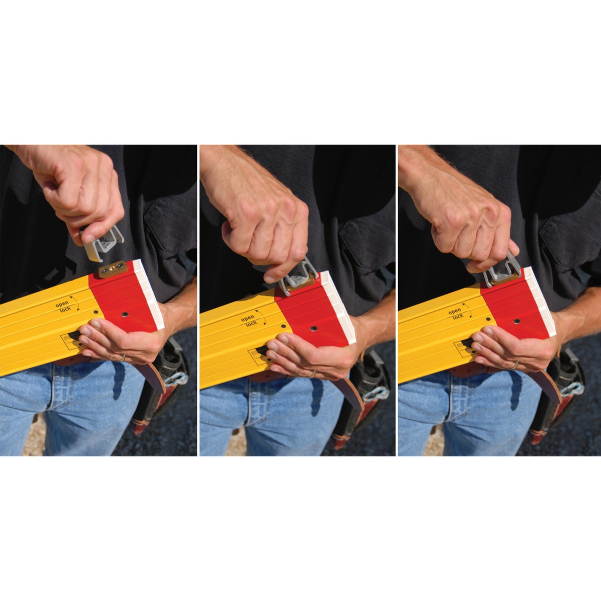 Close-up of the Stabila 35712 7-to-12 foot Expandable Plate Spirit Level extension lock and telescoping rail during jobsite setup